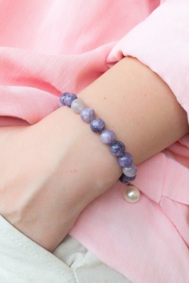 Unisex Natural Stone Bracelet Lepidolite 6thGet 7Crown Chakra, Libra Spring Fish Sign Addiction Stone