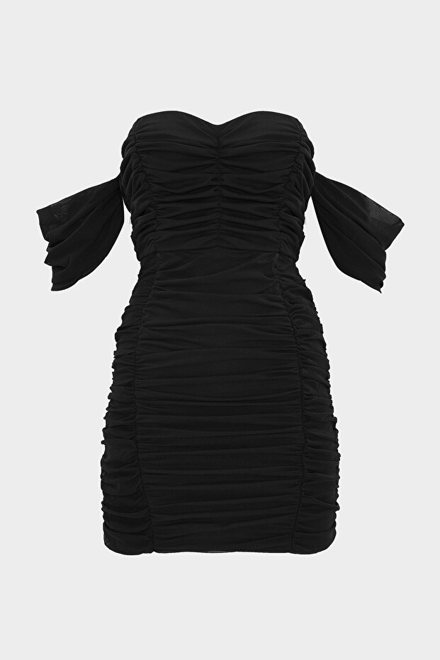 Drape Detaylı Straplez Tül Elbise - 1