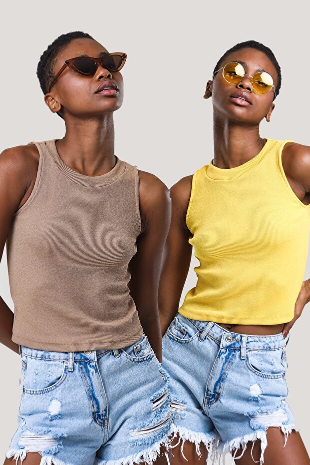 Women's Yellow Biscuit Halter Neck 2-Piece Crop Blouse