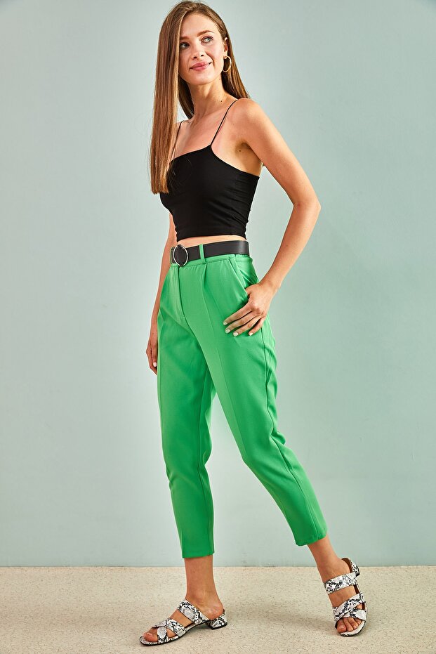 Women's Green Elastic Waist Belted Pants 30991026