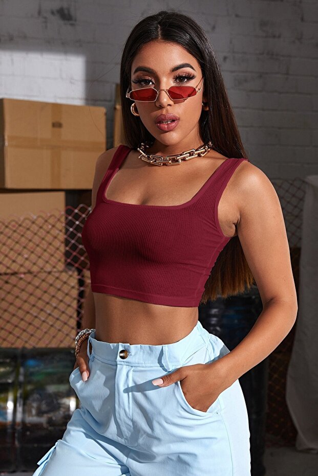 Kadın Bordo Askılı Crop Top Bluz - 2