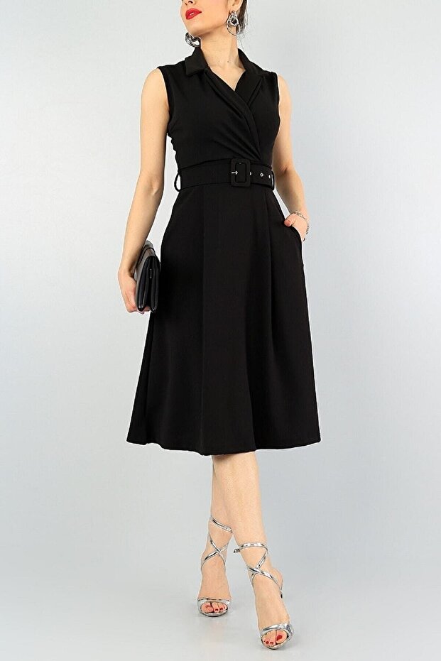 Stretchy Fabric Double Breasted Collar Belt Detailed Pleated Below the Knee Black Dress