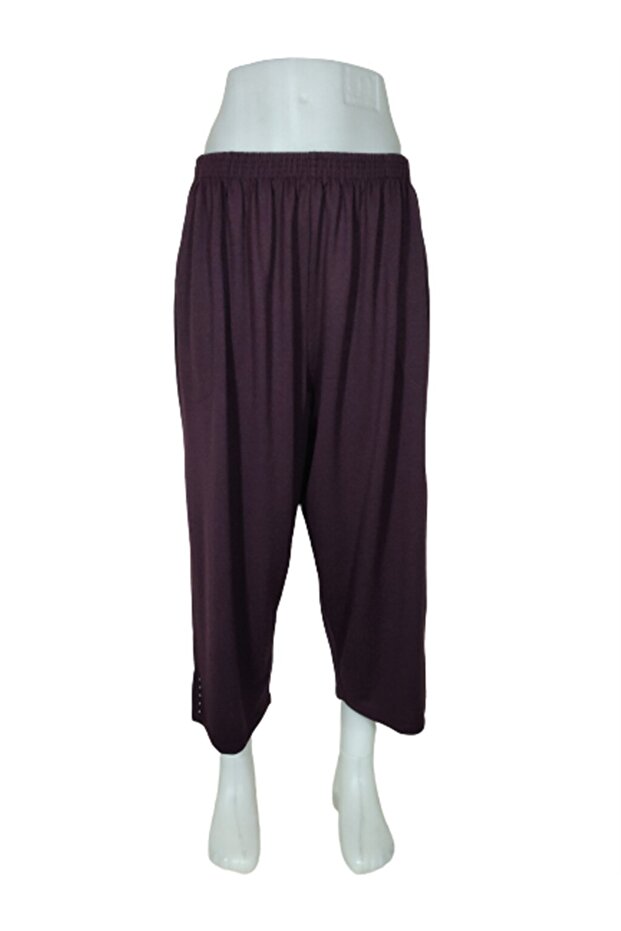 Women's Plum Waist Elastic Double Pocket Slit Stone Detailed Comfortable Fit Plus Size Combed Cotton Capri