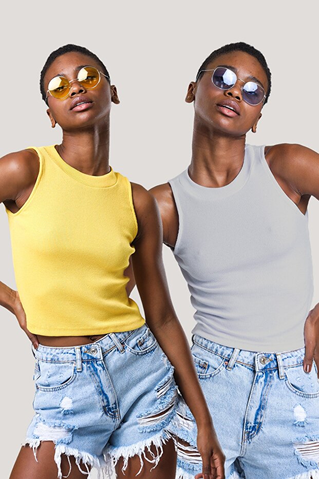 Women's Yellow Gray Halter Neck Ribbed 2 Pack Crop Blouse