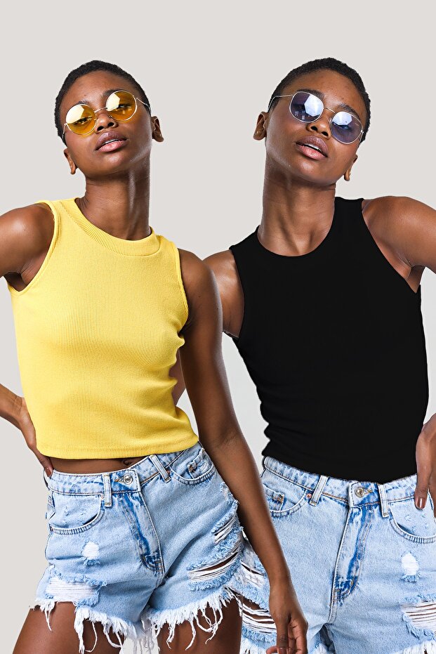 Women's Black Yellow Halter Neck Ribbed 2-Pack Crop Blouse