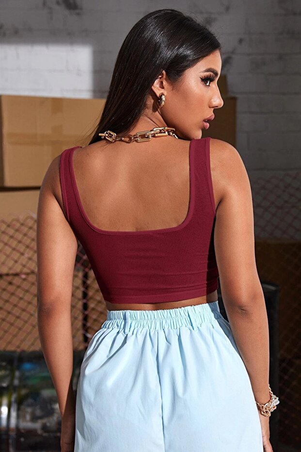 Kadın Bordo Askılı Crop Top Bluz - 3