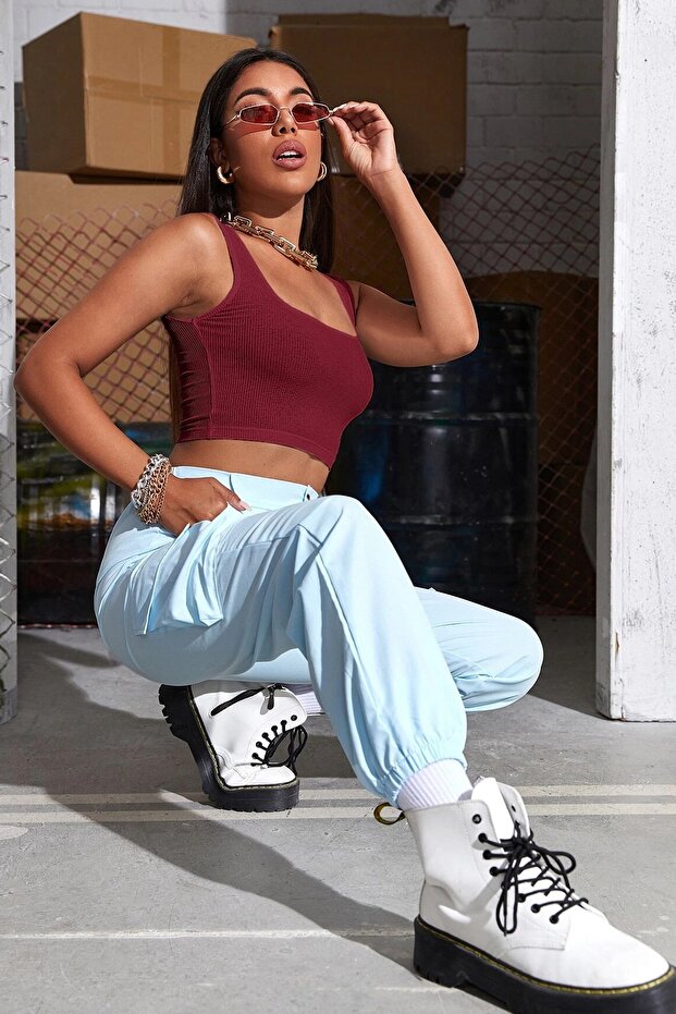 Kadın Bordo Askılı Crop Top Bluz - 5