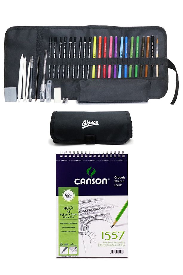 Canson Eskiz Defteri A5 120 Gr 40 Yp Faber Watercolor Kuru Boya Lyra Karakalem Rulo Çantalı Set - 1