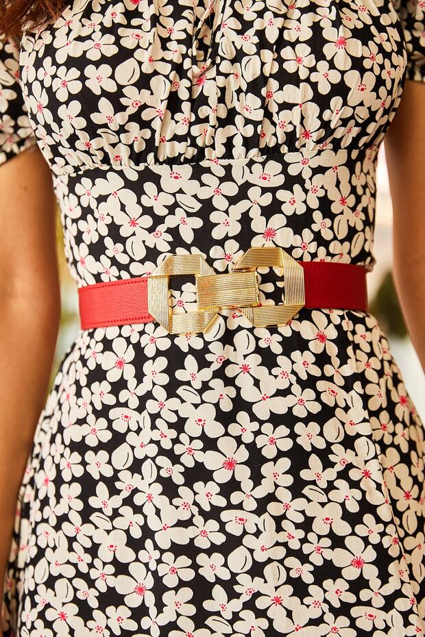 Women's Red Elastic Back Snap Buckle Belt KMR-19000109