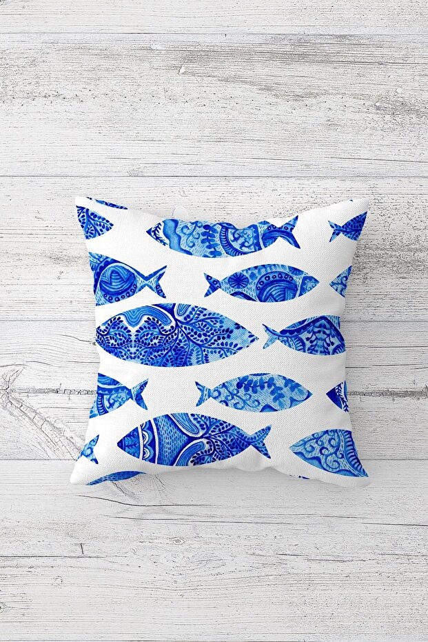 غطاء وسادة بسحاب مخفي مطبوع من جانب واحد من Blue Fish، غطاء وسادة للأريكة