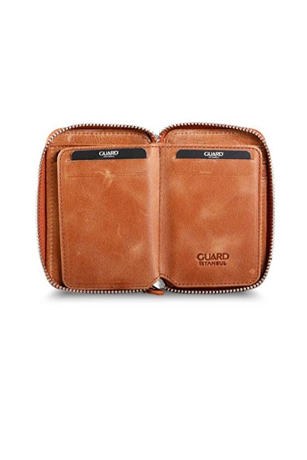 Fermuarlı Antik Taba Deri Mini Cüzdan - 2