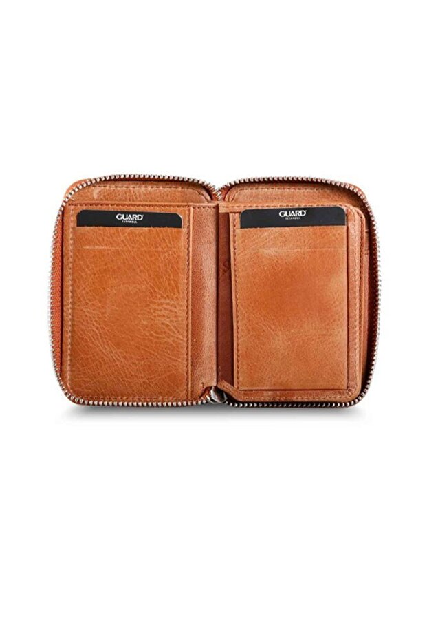 Fermuarlı Antik Taba Deri Mini Cüzdan - 3