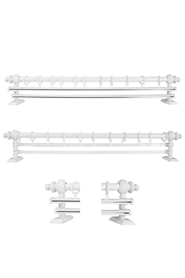 Beyaz Çift Raylı Ahşap Rustik Perde Askısı - Rustik Borusu 100 Cm - 1