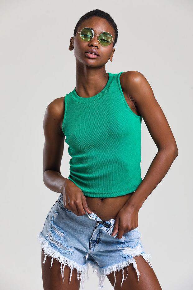 Women's Biscuit Green Halter Neck 2-Piece Crop Blouse