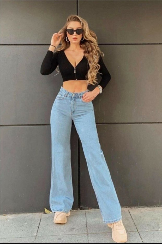 Jassmin Lycra 90's Women's Blue Snow Super High Waist Loose Leg Denim Jeans Palazzo Pants