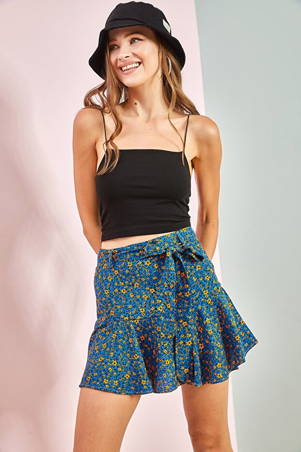 Women's Navy Blue Belted Skirt with Shorts 7060