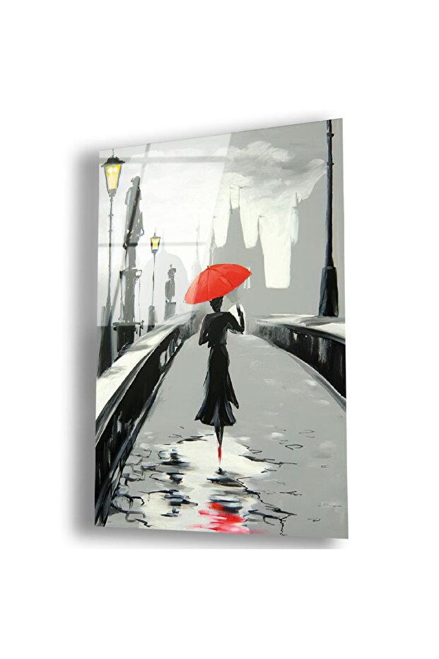 Frameless Vertical Collage Drawing Woman with Red Umbrella Unbreakable Glass Painting