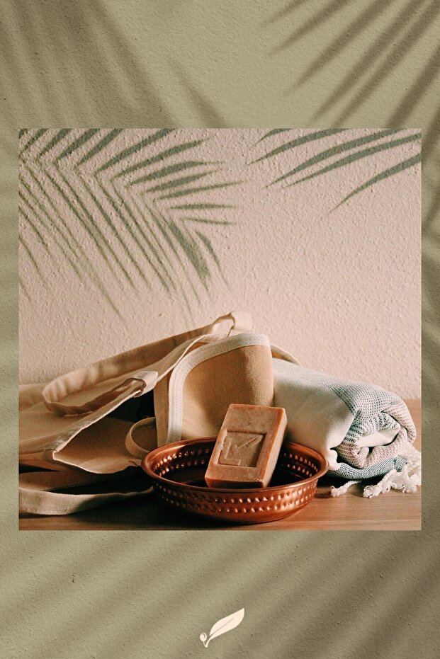 Bath Set - Peshtemal + Copper Bath Pot + Plain Olive Oil Soap + Silk Pouch