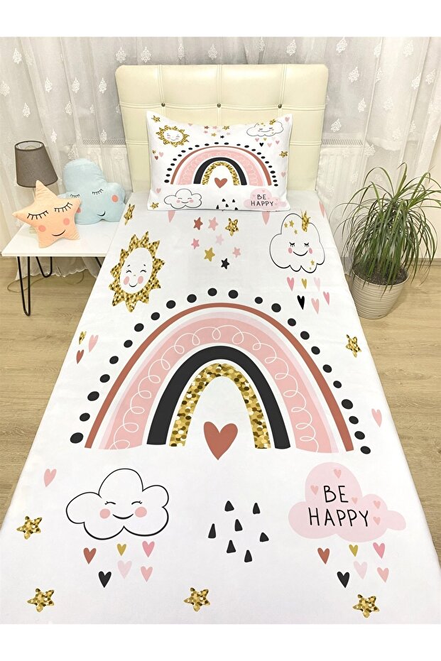 Nature and Rainbow Patterned Bedspread and Pillowcase