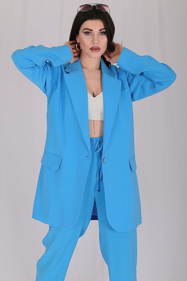 Mavi Kruvaze Oversize Tek Düğme Yazlık Ceket - 1