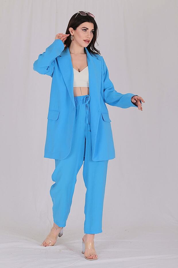 Mavi Kruvaze Oversize Tek Düğme Yazlık Ceket - 2