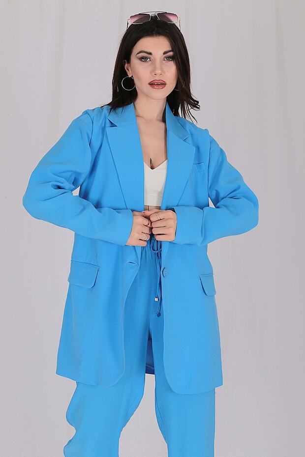 Mavi Kruvaze Oversize Tek Düğme Yazlık Ceket - 7