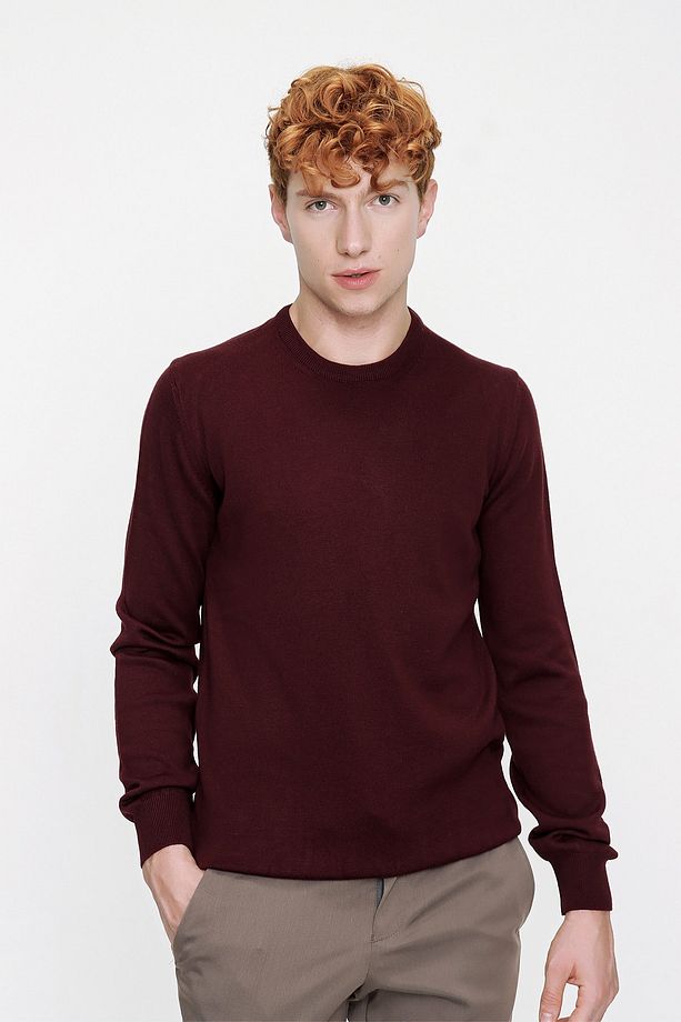 Erkek Koyu Bordo Basic Bisiklet Yaka Dynamic Fit Rahat Kalıp Triko - 1