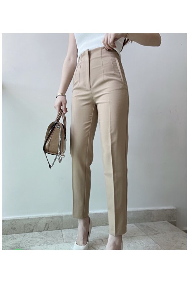 Camel Fabric Trousers with Flat Front
