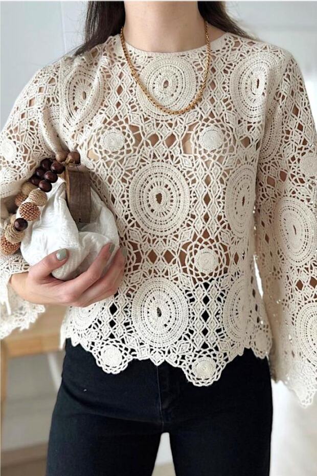 Women's Beige Crochet Standard Size Blouse