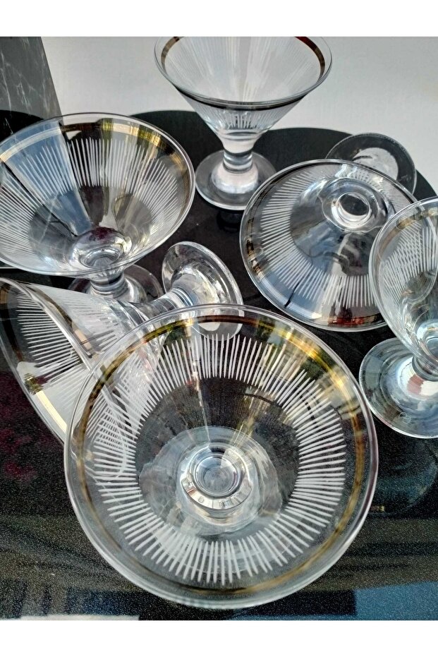 Set of 6 Hand Decorated and Engraved Glass Sugar Bowl, Turkish Delight Bowl, Chocolate Bowl, Ice Cream Bowl, Cup, Silver Silver Platinum