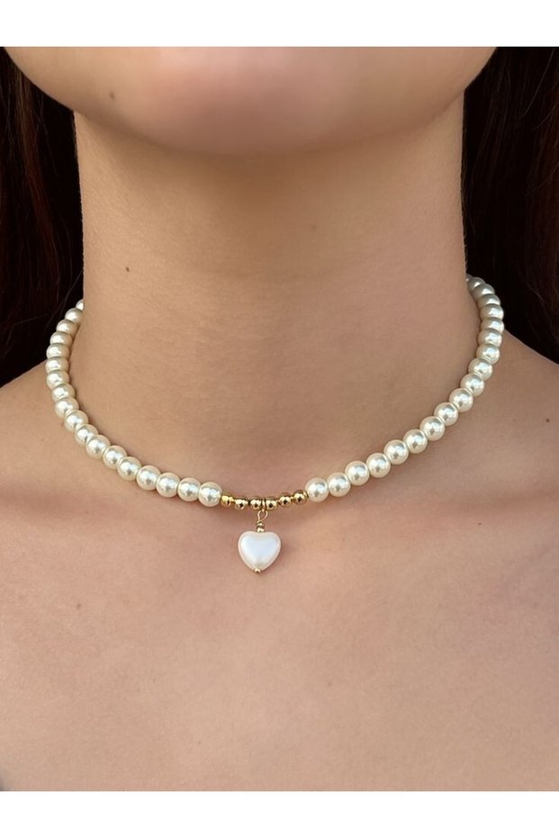 Women's Heart Detailed Gold Yellow Beaded Bijouterie Pearl Necklace