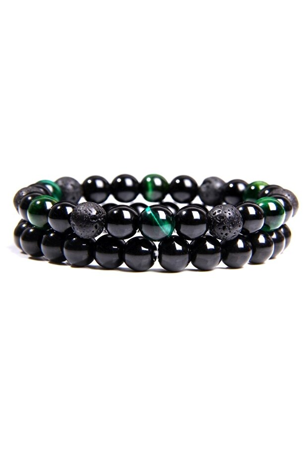 Double Unisex Design Natural Stone Bracelet Set (onyx-lav-green Tiger Eye)