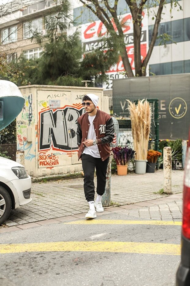 Bs College Jacket Brown Fleece Leather Sleeve - 2