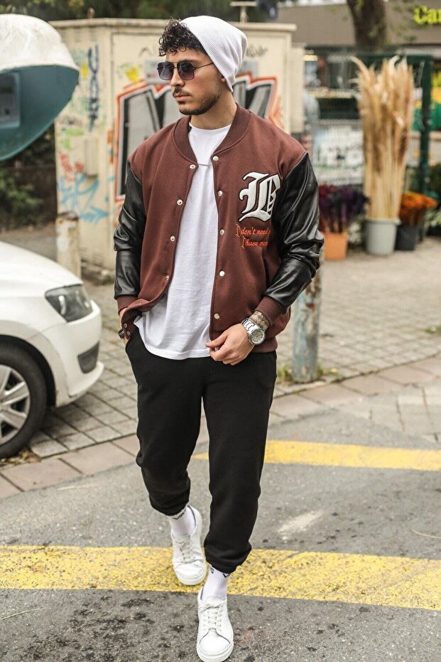 Bs College Jacket Brown Fleece Leather Sleeve - 4