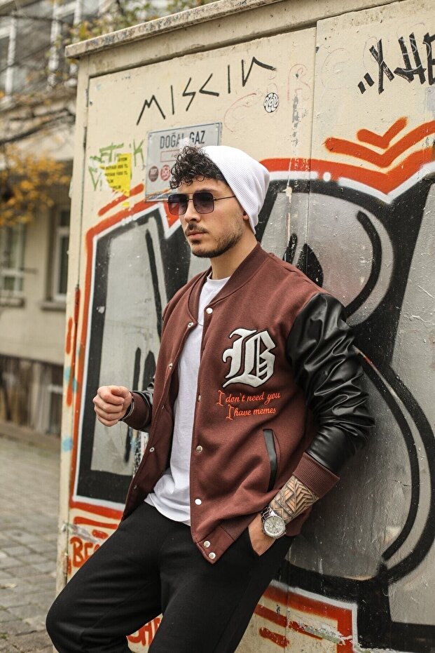 Bs College Jacket Brown Fleece Leather Sleeve - 5