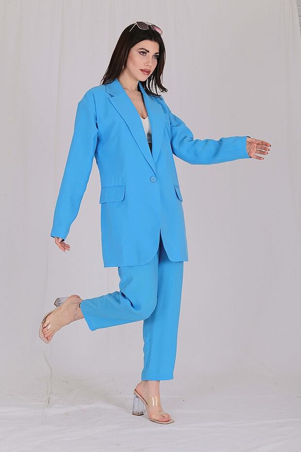 Mavi Kruvaze Oversize Tek Düğme Yazlık Ceket - 5