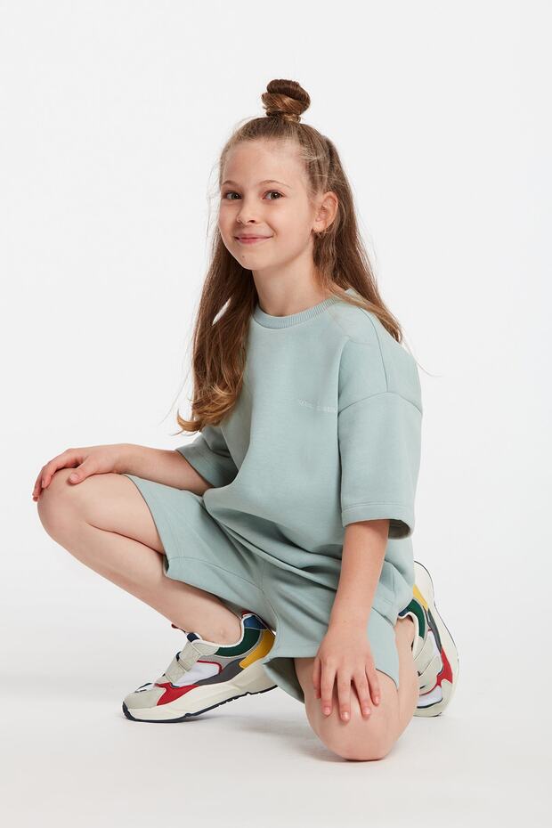 Komplet dresowy Cali z dzianiny Comfort Fit, haftowany, miętowo-zielony, okrągły dekolt - 3