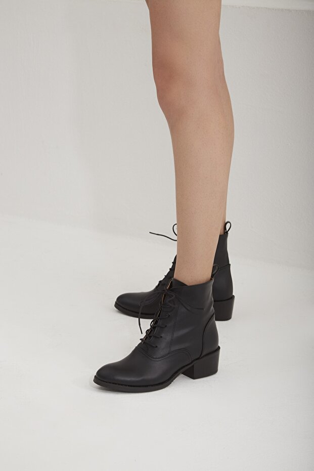 Women's Black Lace-Up Boots Matte & Bootie, Heels