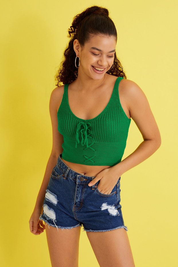 Women's Dark Green Zigzag String Knitwear Blouse