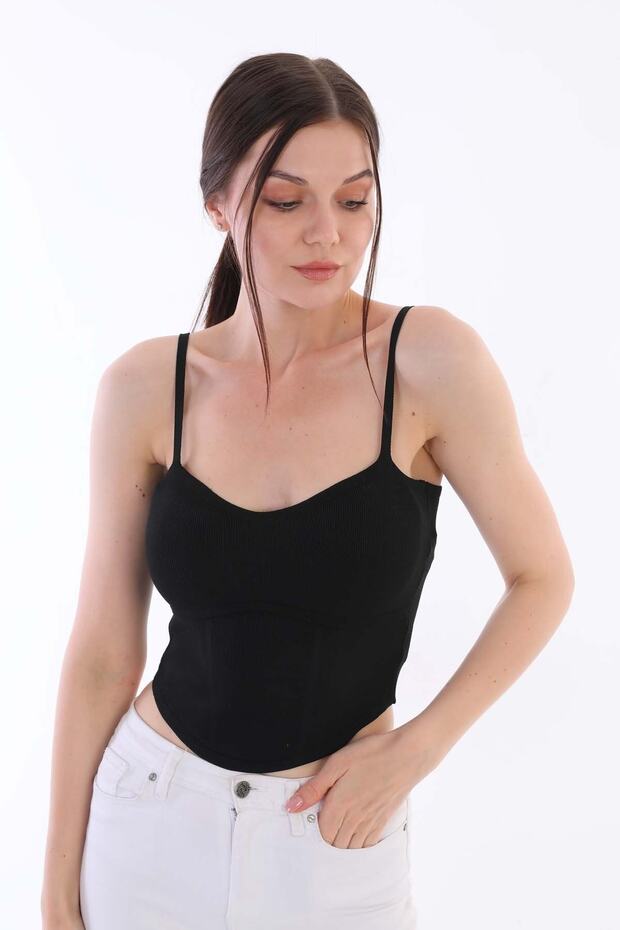 Women's Strappy Knitwear Black Crop Blouse
