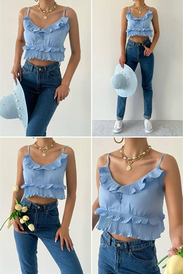 Women's Baby Blue Strap Ruffle Poplin Back Gipeli Crop Blouse
