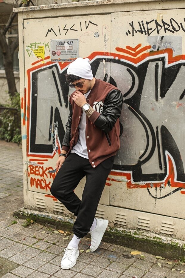 Bs College Jacket Brown Fleece Leather Sleeve - 3