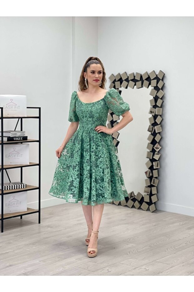 Glitter Fabric Boat Neck Dress - Emerald Green