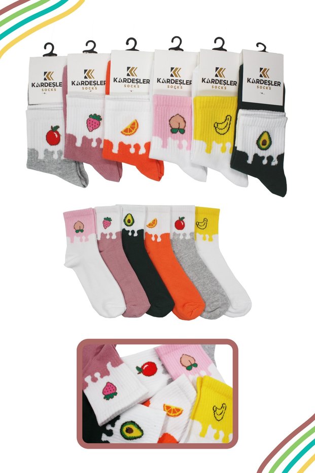 Unisex Colorful Fruity - Food Patterned Tennis Socks Pack of 6