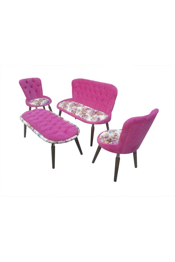 Berjer Çay Set Kayın Lüken Aslan Iskelet Parlak Pembe Kapitone Boya Babayface Kumaş Döşeme El Yapım - 2
