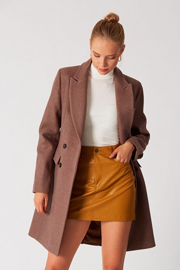 Double Breasted Stamp Coat with Pockets Brown