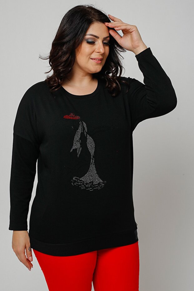 Women's Large Size Hat Women's Stone Printed Bat Sleeve Black Blouse