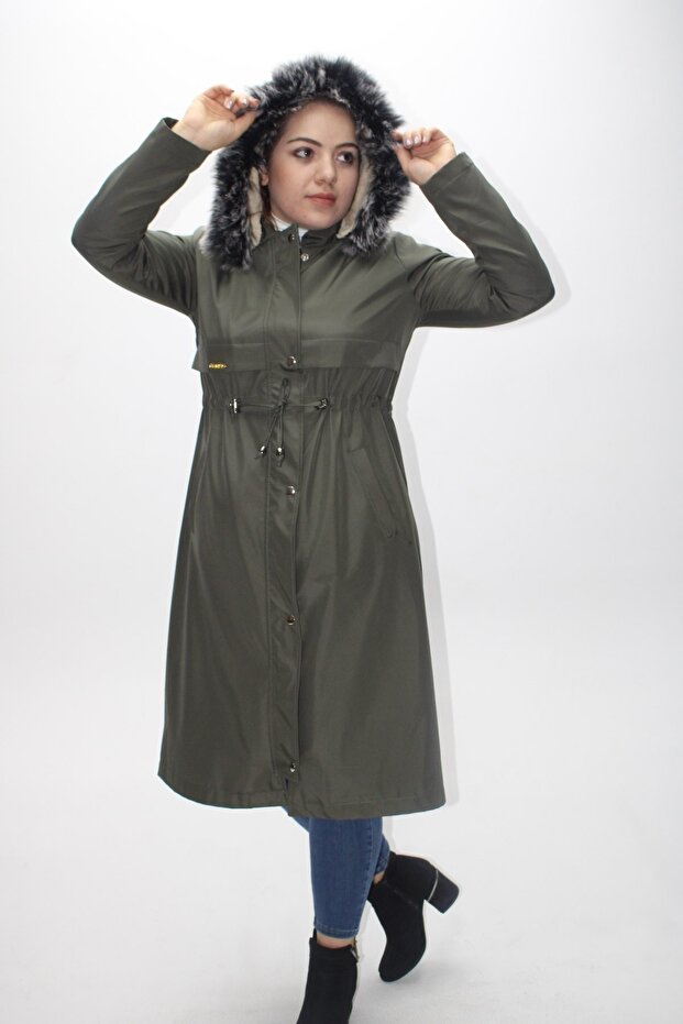 Women's Woolen Hooded Fur Water and Windproof Bondik Coat & Coat