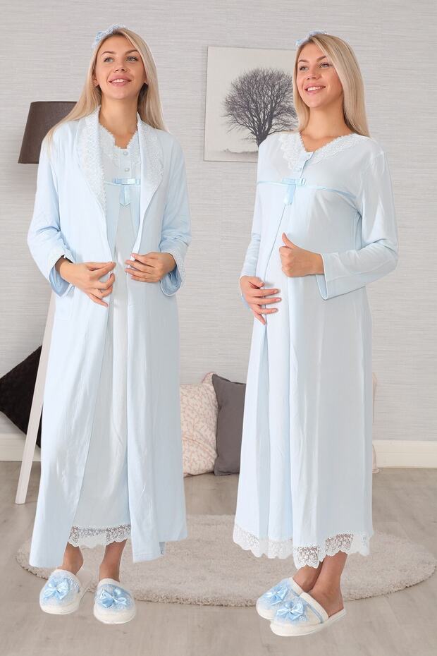 Women's Blue Maternity Nightgown Set with Hidden Nursing Feature 6035 Dressing Gowns