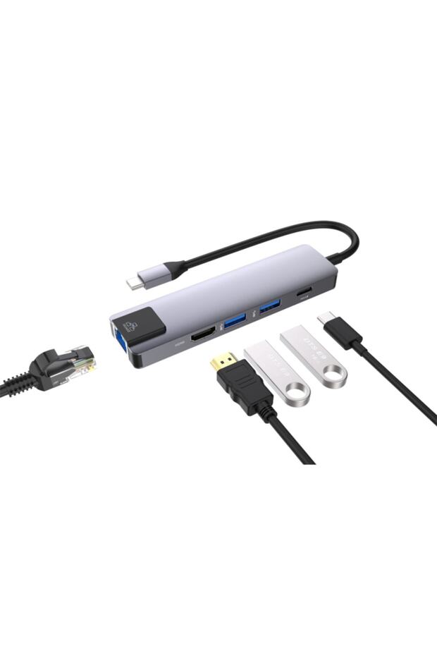 5 Port Usb Hub 3.0 Type C To Ethernet/hdmı Dönüştürücü Çoklayıcı Çoğaltıcı (gümüş) - 5